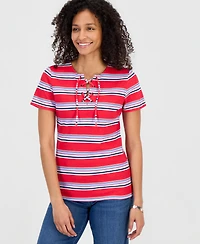 Style & Co Women's Striped Lace-Up Short-Sleeve Top, Macy's Exclusive