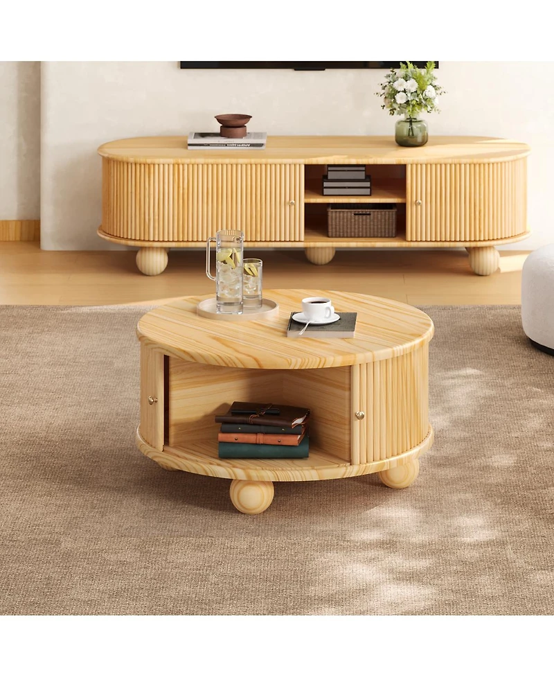 Streamdale Furniture Round Fluted Coffee Table with Storage, Pine Solid Wood, 31.8