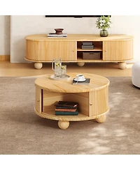 Streamdale Furniture Round Fluted Coffee Table with Storage, Pine Solid Wood, 31.8