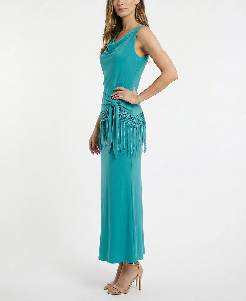 Taylor Women's Fringe Detail Peplum Cowl Neck Fit & Flare Dress