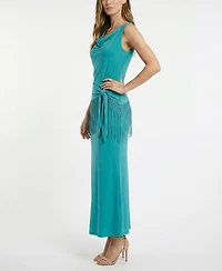 Taylor Women's Fringe Detail Peplum Cowl Neck Fit & Flare Dress