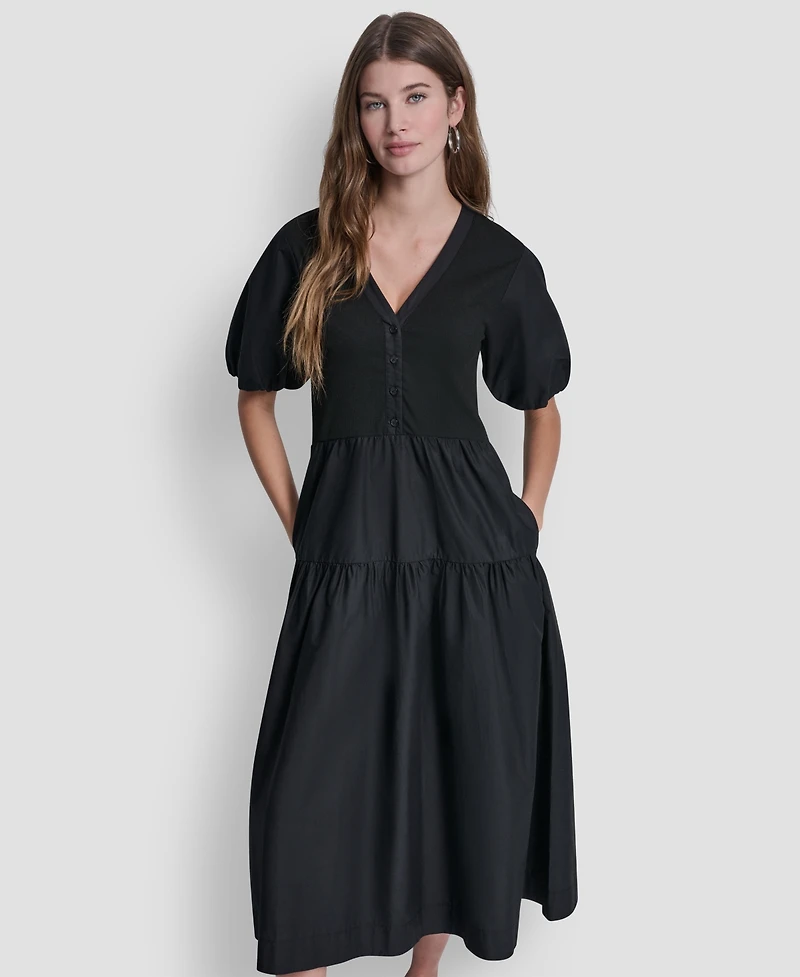 Dkny Jeans Women's Rib Henley Puff-Sleeve Midi Dress