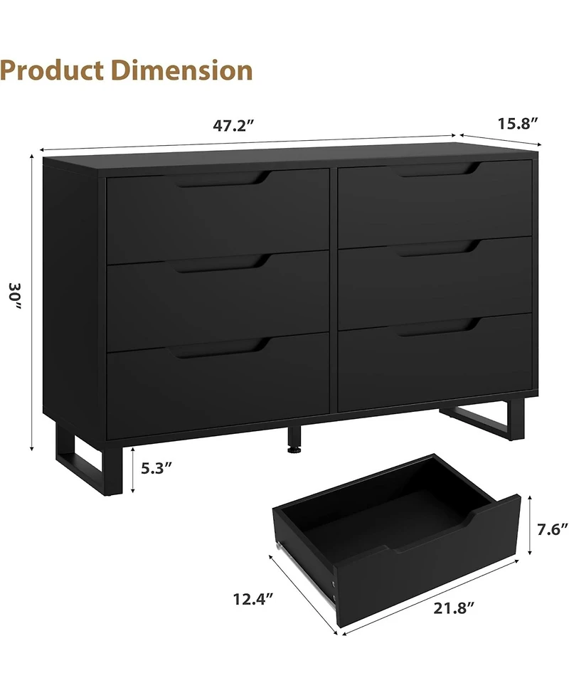 gaomon 6 Dresser for Bedroom, 47.2 in Wide Dresser, Freestanding Vertical Drawer Cabinet with Storage, Wooden Closet Storage Chest for Living Room