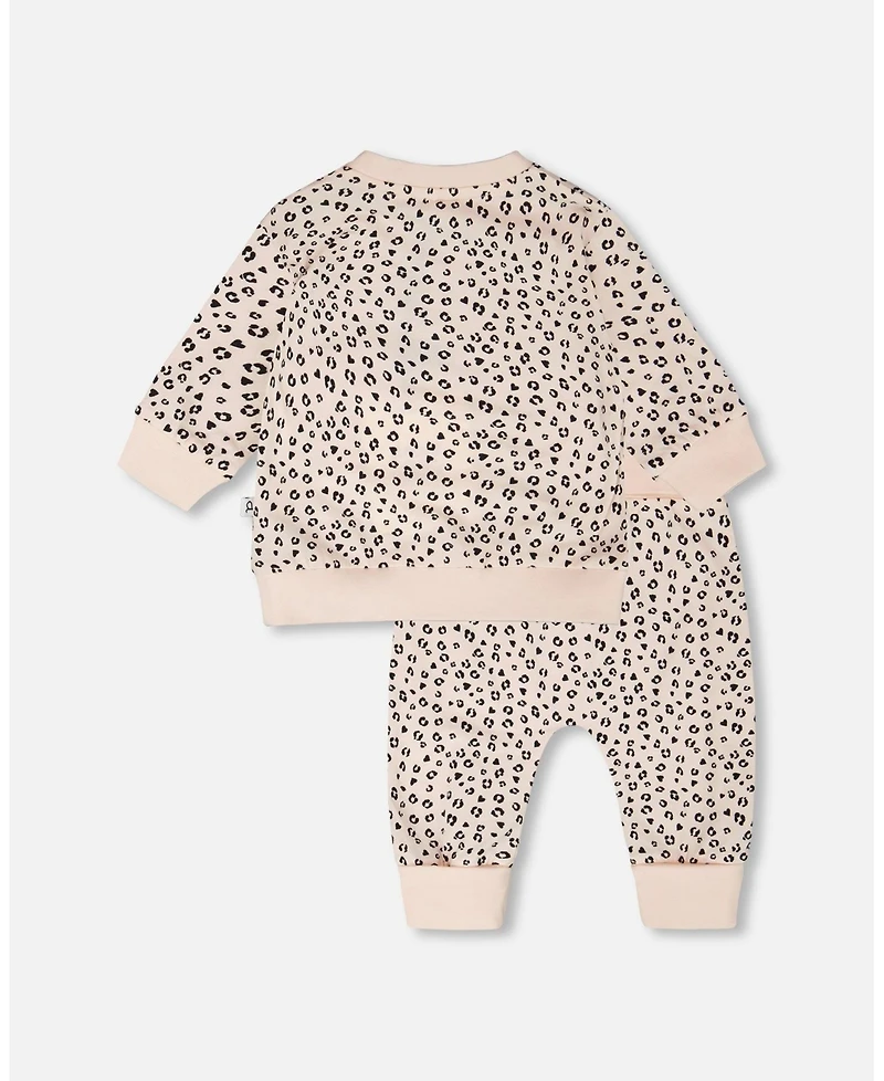 Deux par Baby Girls Peach Animal Print Cotton Jersey Sweater and Pants Set