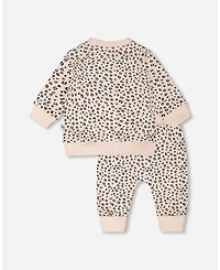 Deux par Baby Girls Peach Animal Print Cotton Jersey Sweater and Pants Set