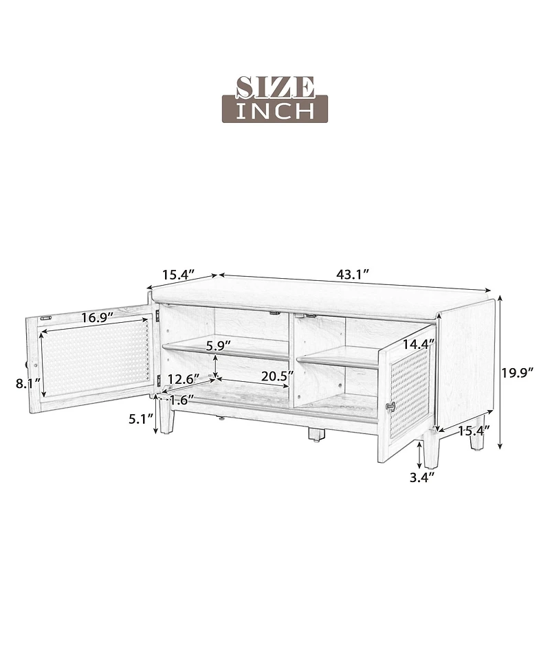 Rainsken Rattan Shoe Storage Bench, Wooden Shoe Organizer with Cushion, 2 Doors, 2-Tier Shoe Rack and Adjustable Shelves for Entryway, Hallway