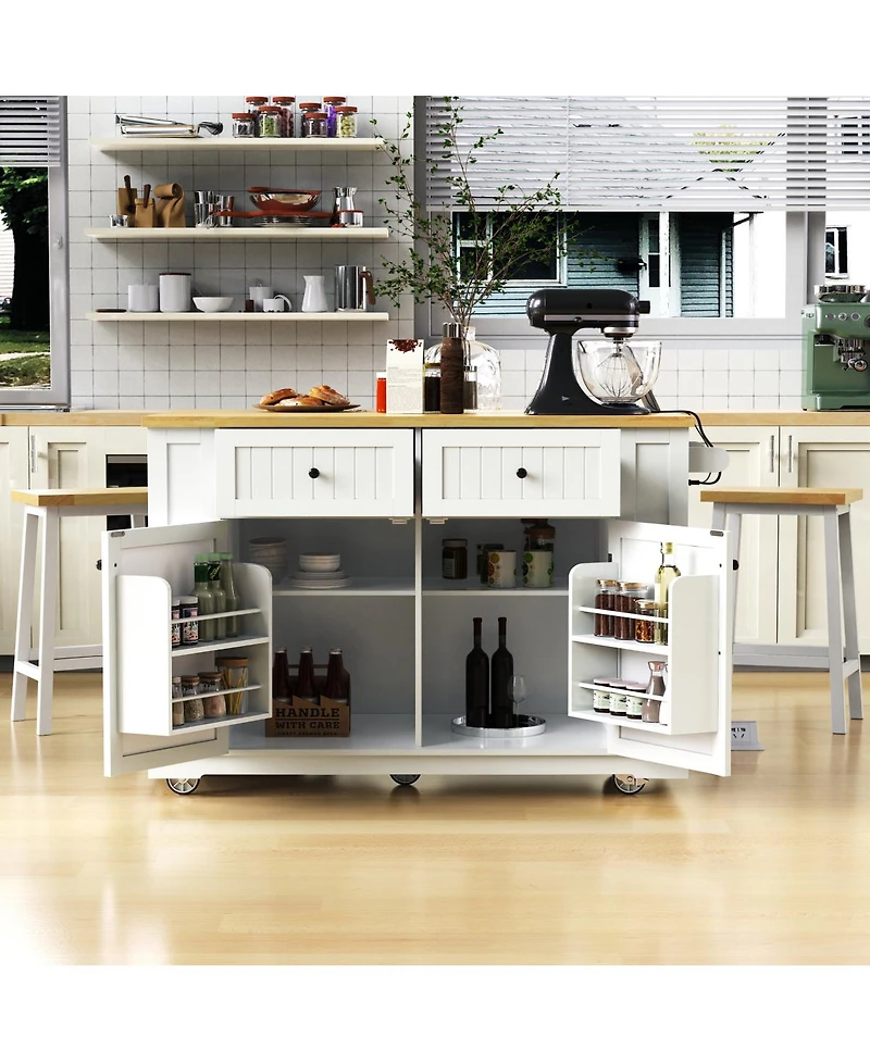 Streamdale Furniture 48" Kitchen Island w/ 2 Stools, Power Outlet, Storage, Drop Leaf, 5 Wheels