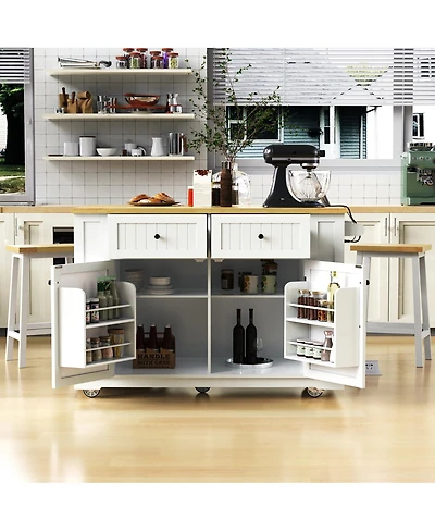 Streamdale Furniture 48" Kitchen Island w/ 2 Stools, Power Outlet, Storage, Drop Leaf, 5 Wheels