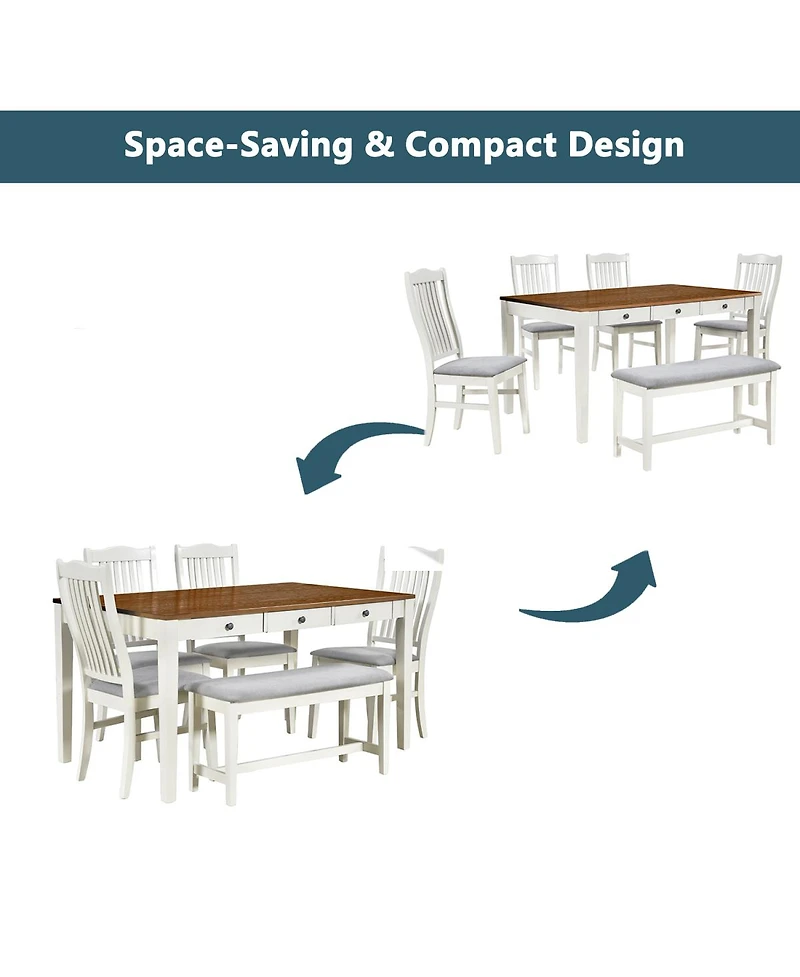 Streamdale Furniture Mid-Century 6-Piece Wood Dining Set with Drawer, Chairs & Bench