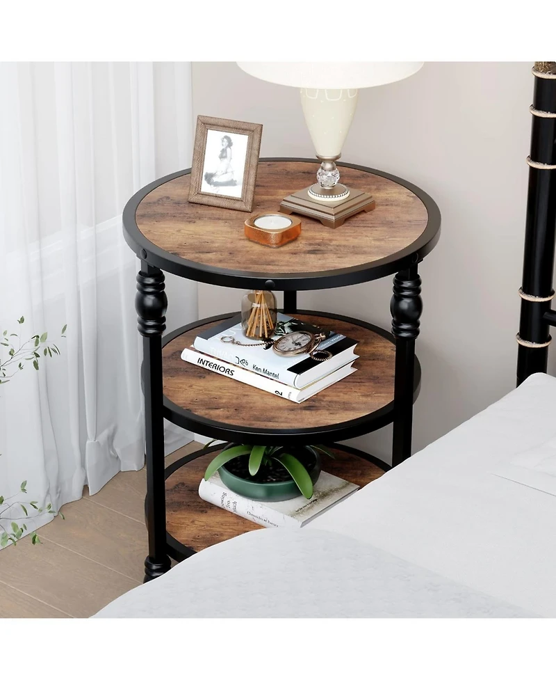 gaomon End Table 3-Tier Round Side Table Living Room Accent Table with Storage Shelf and Metal Industrial Wood Bed Side Table/Night Stand