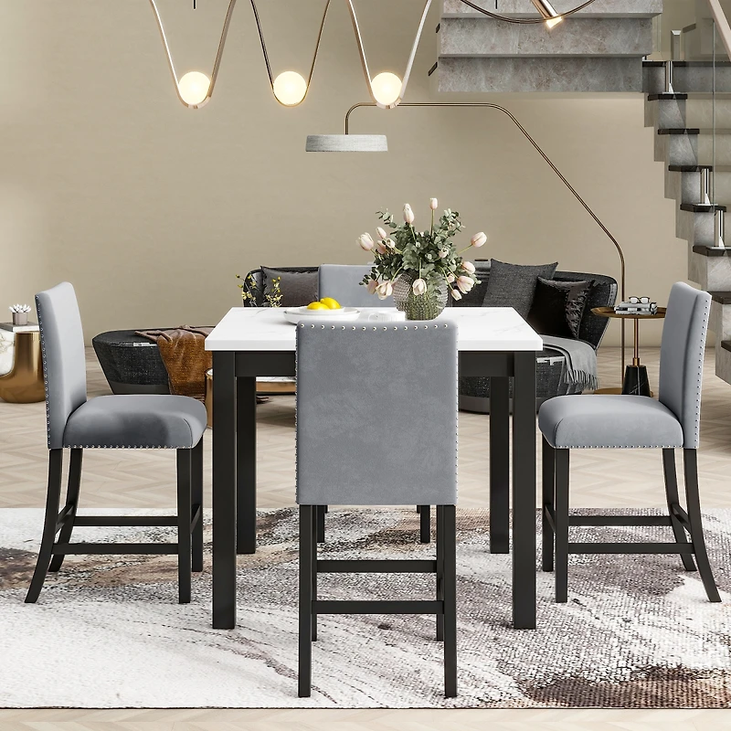 Streamdale Furniture 5-Piece Faux Marble Counter Height Dining Set with 4 Velvet Chairs
