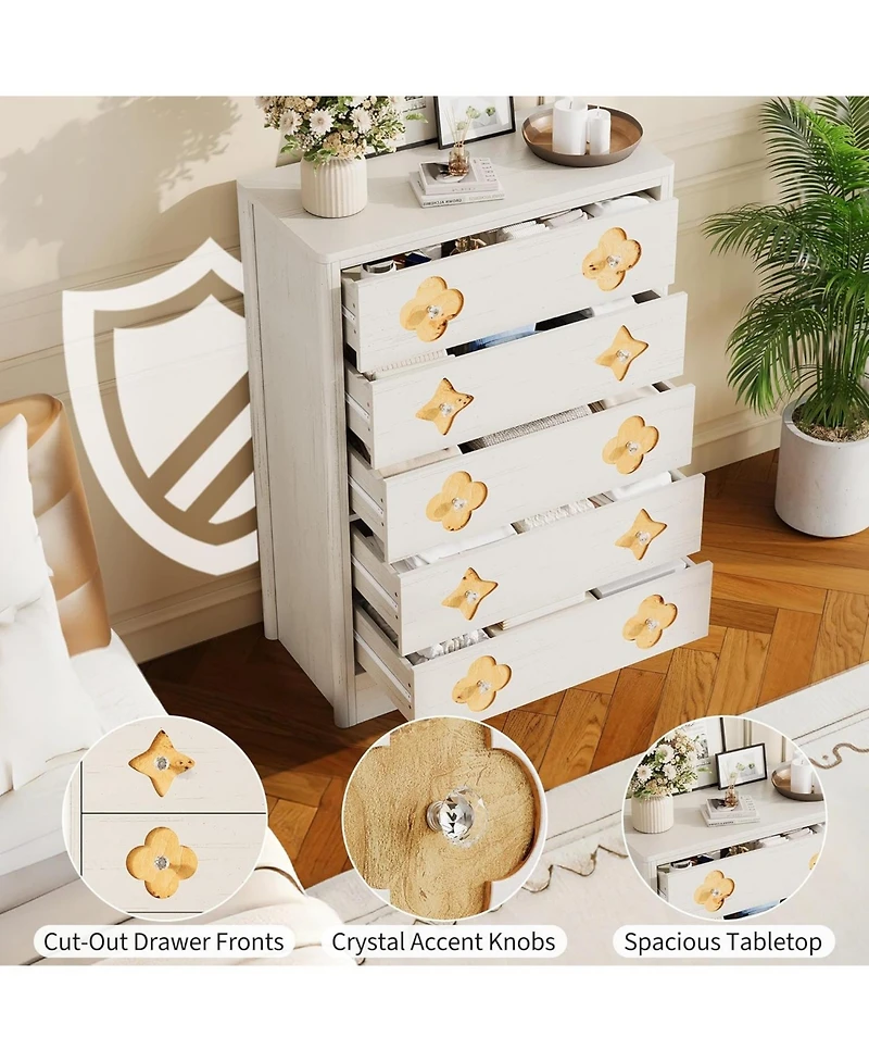 gaomon 5 Drawer Tall Dresser for Bedroom, 45'' Boho Chest of Drawers, Wooden Chest with Clothes Storage Cabinet