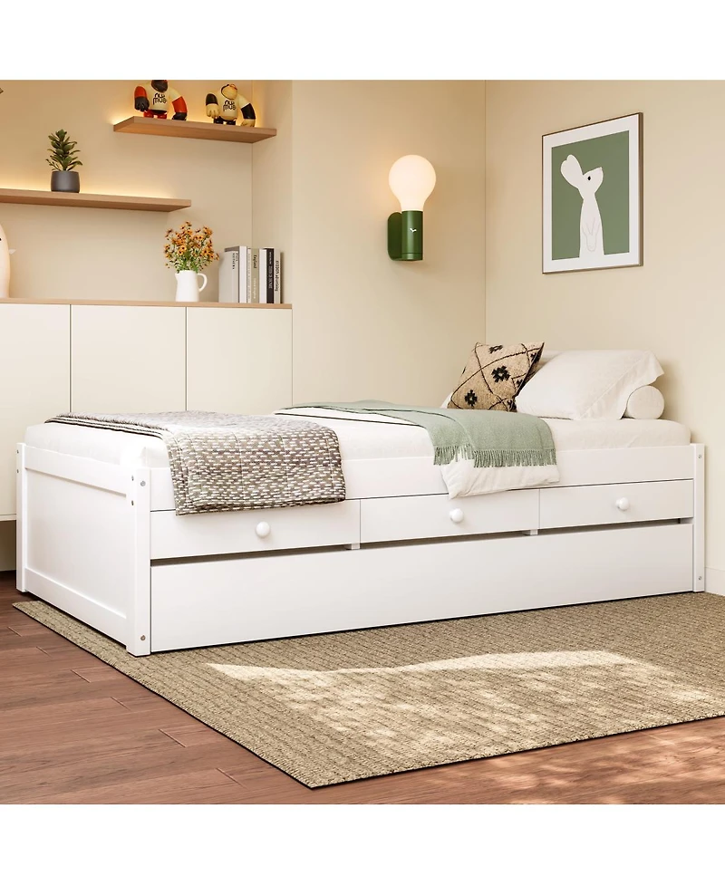 Streamdale Furniture Twin Platform Bed with Trundle and 2 Drawers, Solid Wood