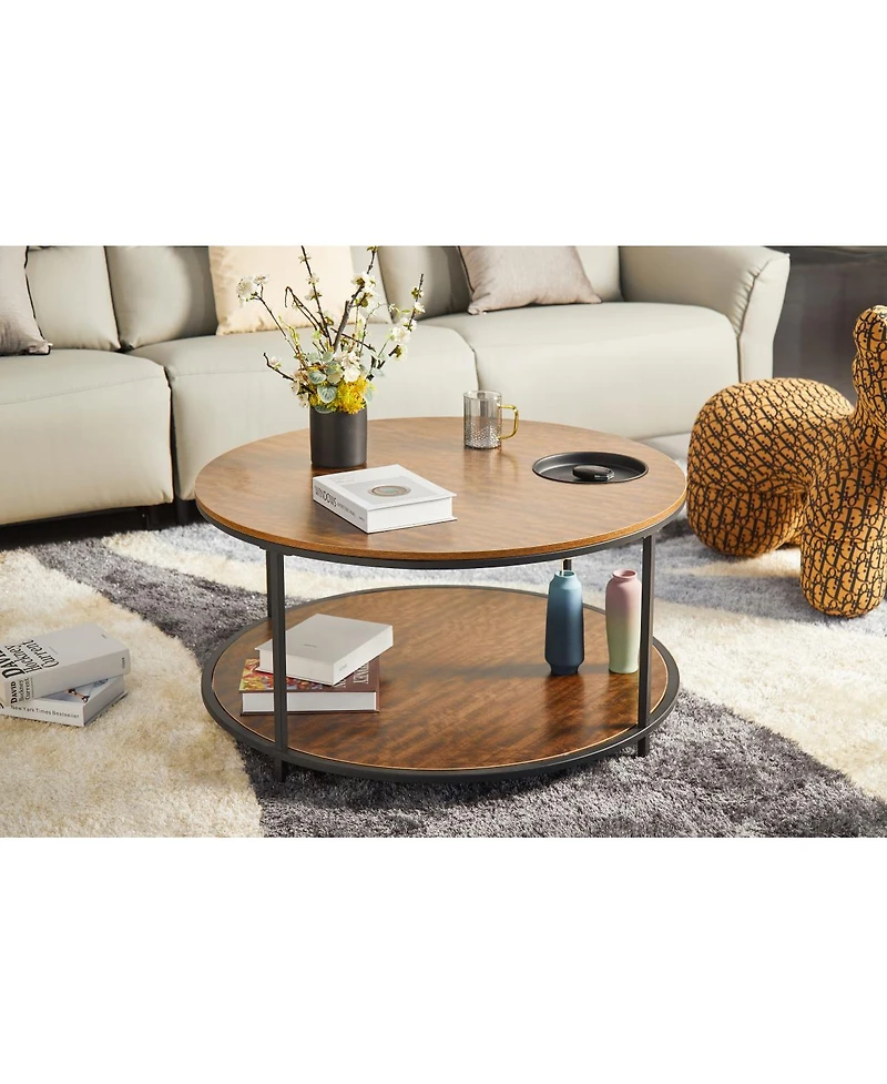 Streamdale Furniture Round antique wood coffee table, 34.64-inch, 2-tier storage, modern design.
