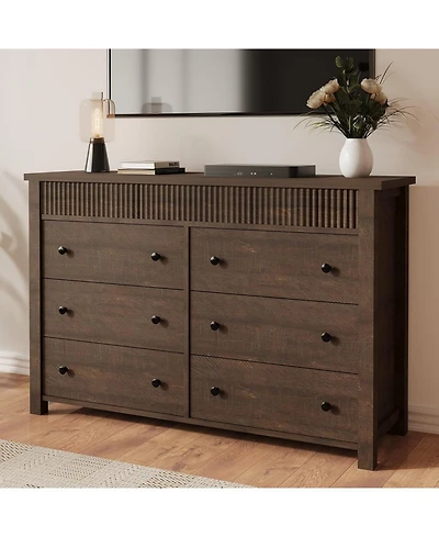 gaomon 6 Drawer Wooden Fluted Storage Dresser Chest and Tv Stand
