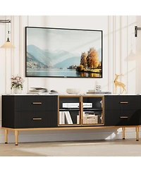 gaomon Tv Stand with Led Lights, Modern Entertainment Center 4 Drawers & Shelves Glass Doors, Console Table for