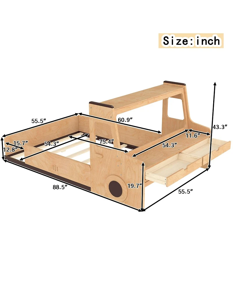 Streamdale Furniture Full Size Car-Shape Floor Bed with Storage, Window, and Desk
