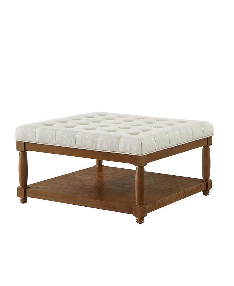 Streamdale Furniture Large Square Tufted Linen Ottoman Coffee Table with Solid Wood Shelf