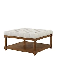 Streamdale Furniture Large Square Tufted Linen Ottoman Coffee Table with Solid Wood Shelf