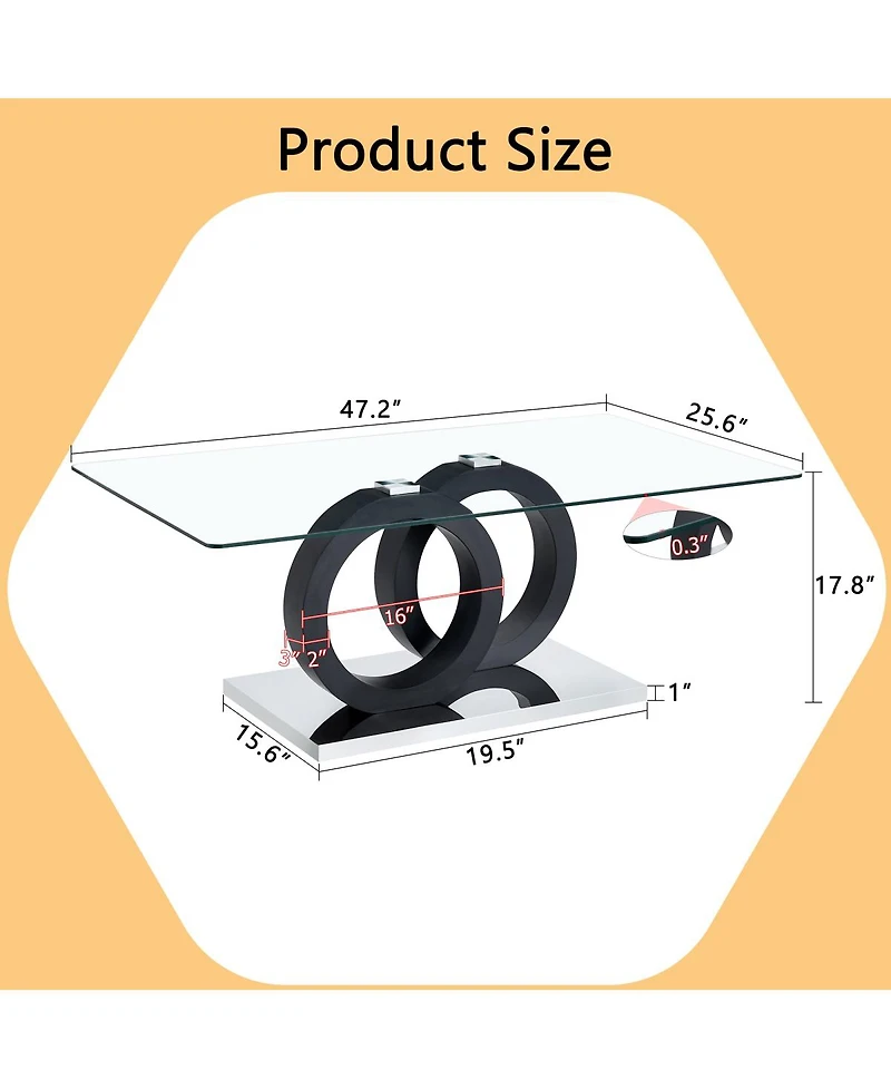 Streamdale Furniture Modern Glass Top Coffee Table with Black Base - 47.2" L