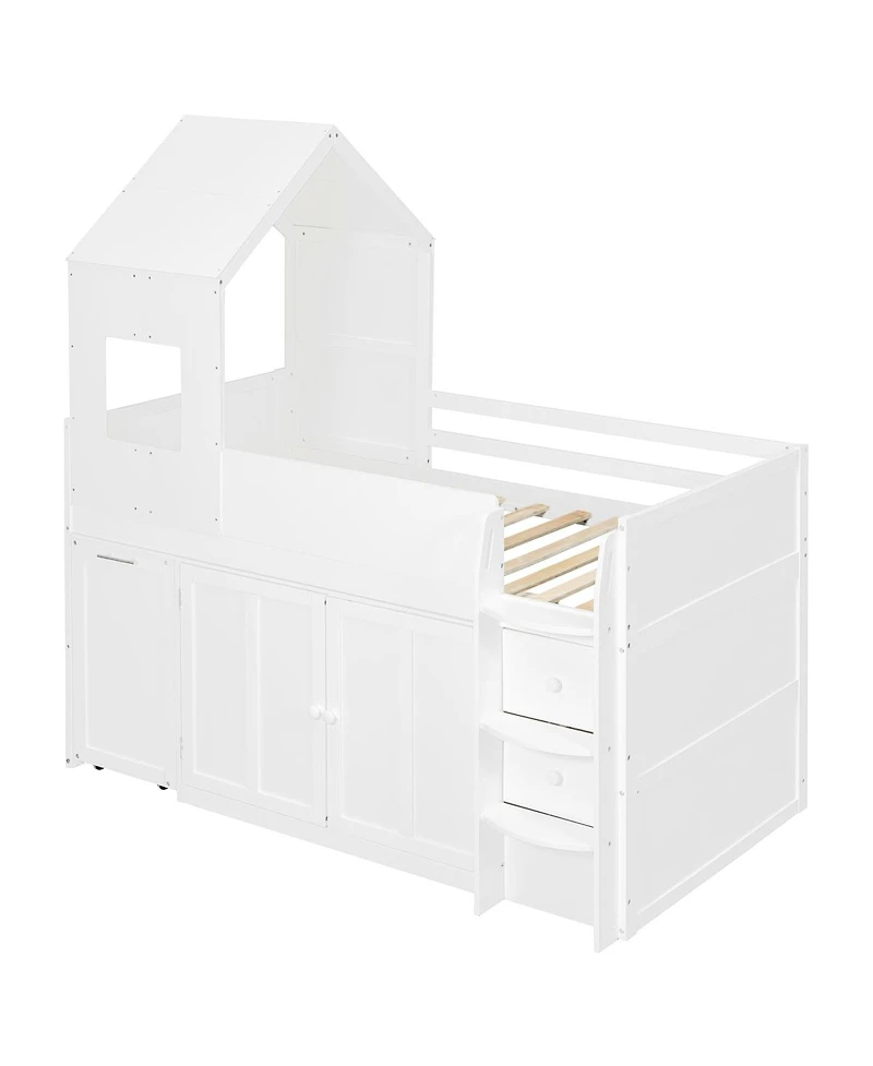 Streamdale Furniture Twin Size Wooden Loft Bed with Desk, Drawers and Cabinets