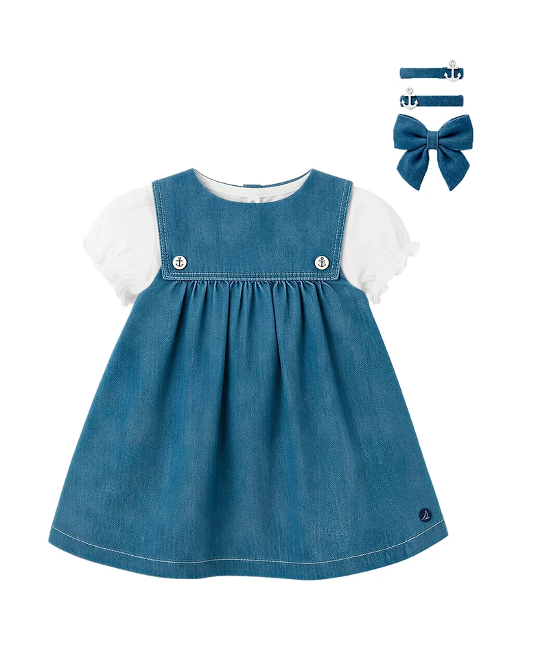 Sperry Baby Girls' Denim Jumper Dress & Bodysuit with Hairclip and Band, 2-Piece Set