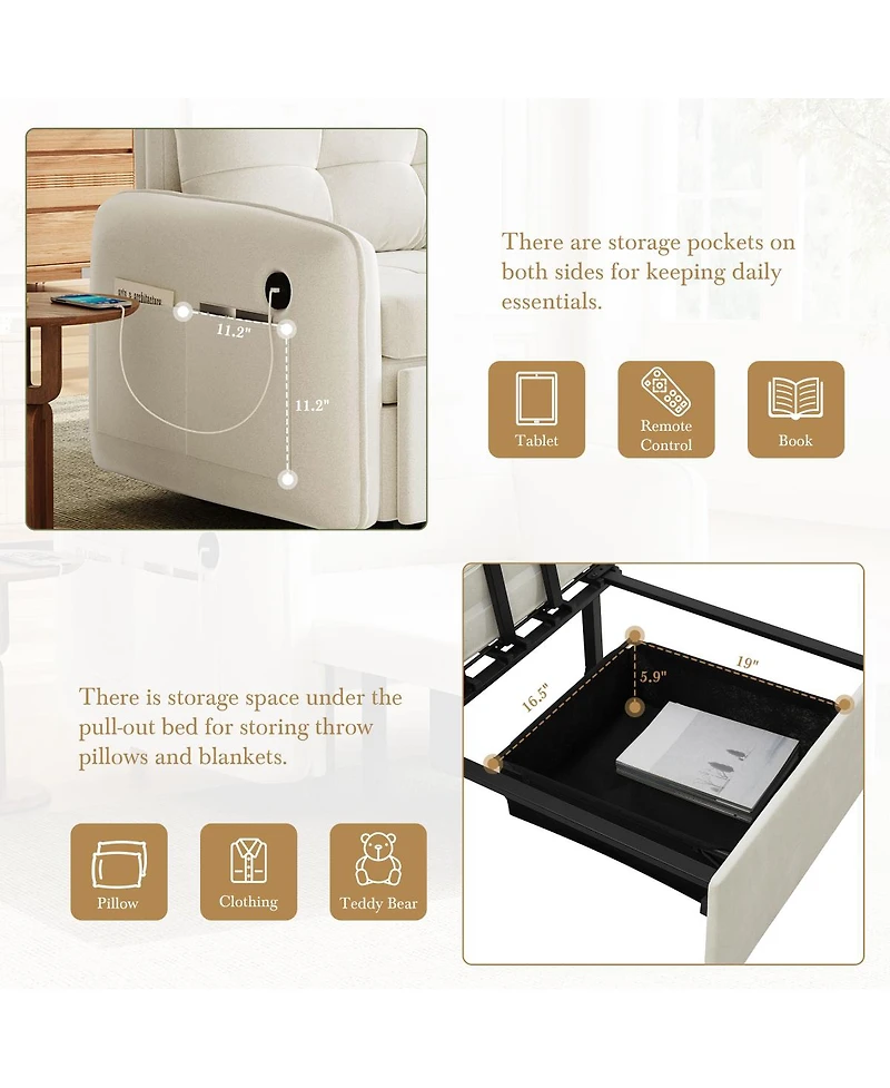 Streamdale Furniture 3-in-1 Sleeper Chair Bed, 80" Extra Long Pull Out Sofa with Usb Charging & Storage