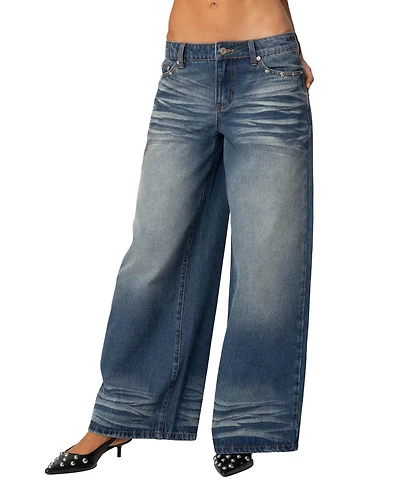 Edikted Women's Faux Leather Pocket Low Rise Baggy Jeans