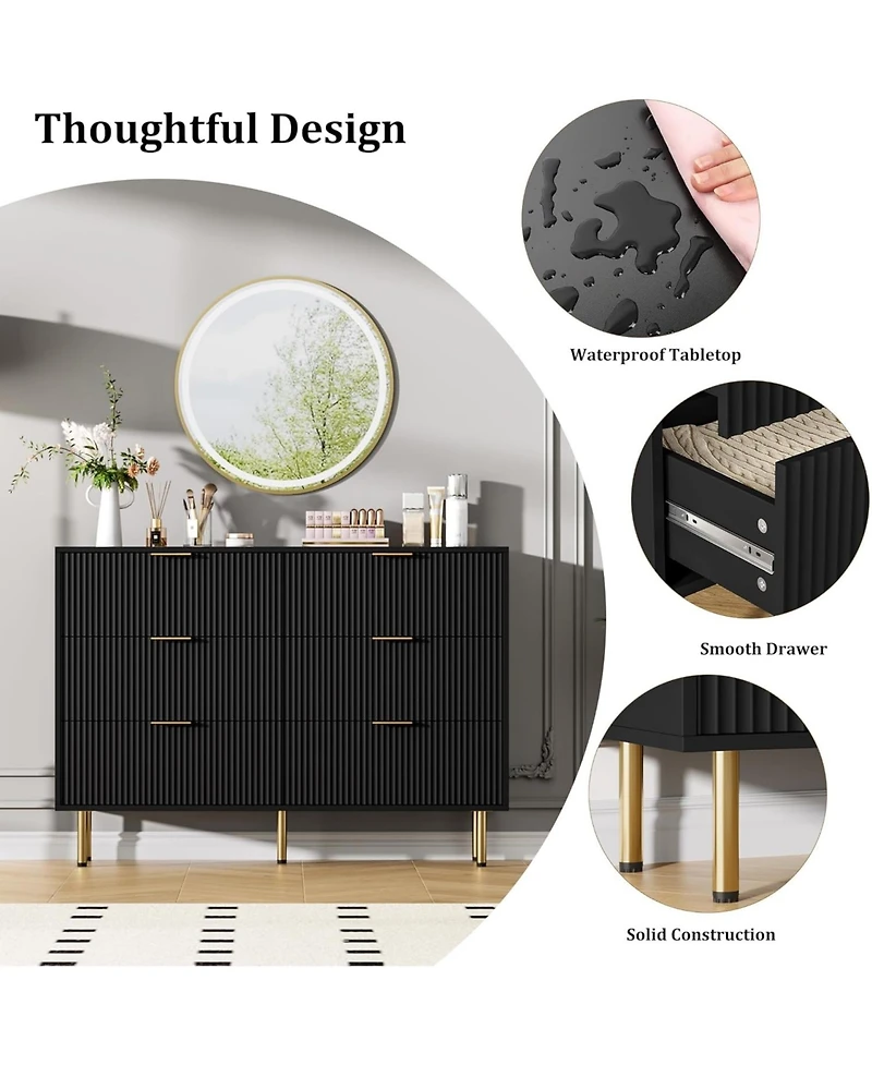 gaomon "47" wide modern 6 drawer fluted dresser with metal handles—wood chest for bedroom or living room."