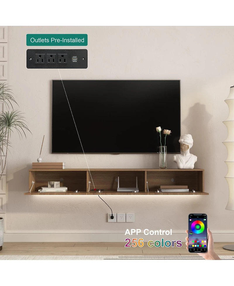 Streamdale Furniture Floating Tv Stand with 16 Color LEDs, Modern 65" Entertainment Center