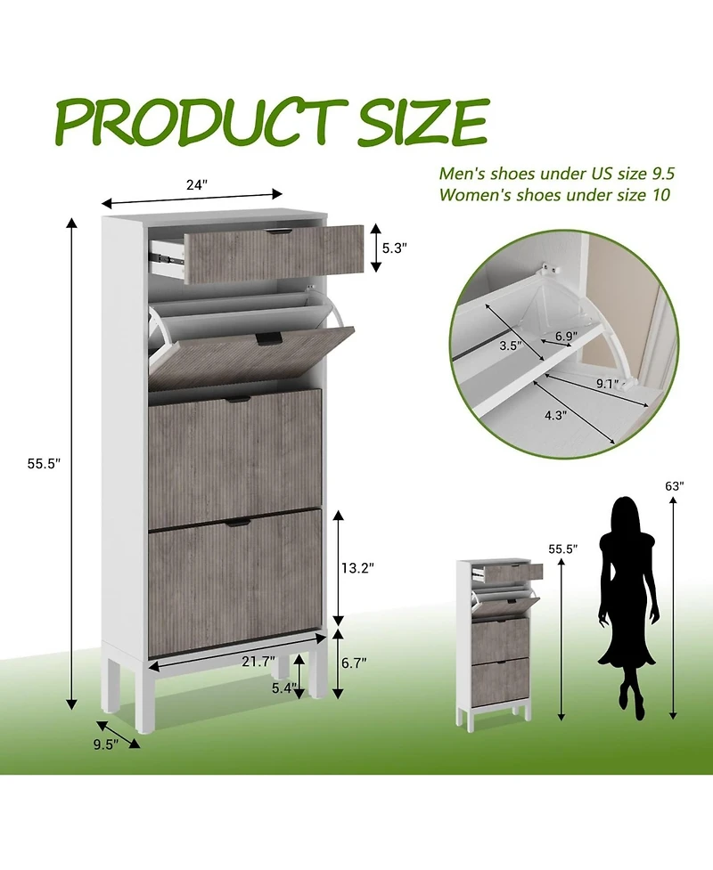 gaomon Wooden Shoe Cabinet with 3 Flip Doors & 1 Drawer – Slim Modern Fluted Shoe Organizer with Iron Legs, Freestanding Entryway