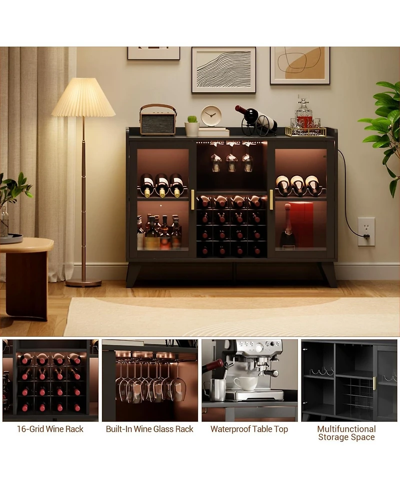 gaomon 47 Inch Wine Bar Cabinet with Led Lights Modern Liquor Cabinet with Wine Racks and Glass Holders Freestanding Kitchen Buffet Sideboard