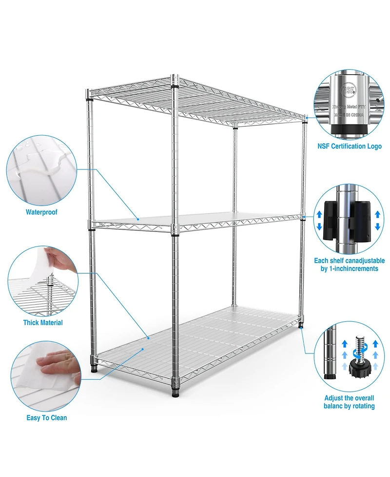 Rainsken 3 Tier Wire Shelving Unit, Heavy Duty Metal Rack, Adjustable Shelves Organizer Rack with Shelf Liners, 1050 Lbs Capacity for Garage