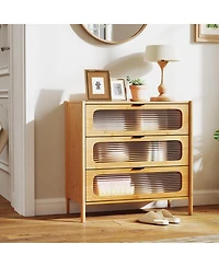 Sugift 3 Drawer Mid Century Modern Chest of Drawers with Reeded Tempered Glass Front