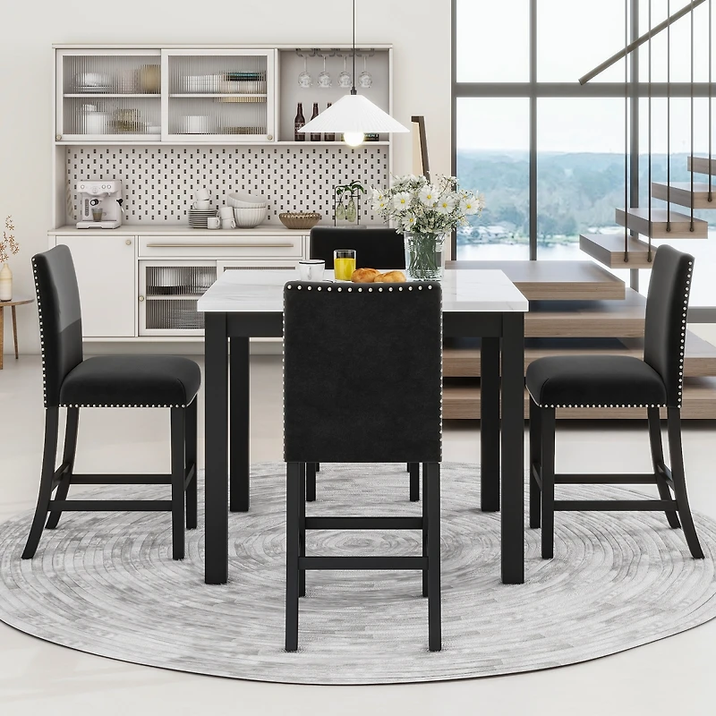 Streamdale Furniture 5-Piece Faux Marble Counter Height Dining Set with 4 Velvet Chairs.