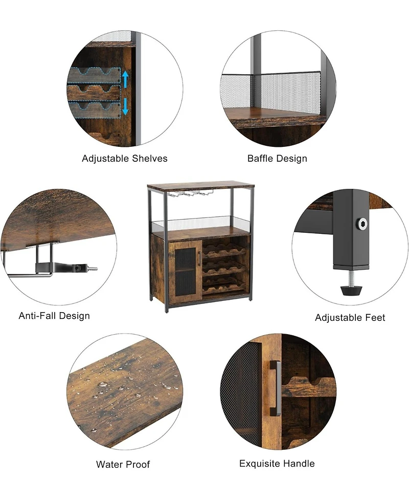 gaomon 3-Tier Wine Bar Cabinet with Detachable Wine Rack and Drawer Industrial Sideboard and Buffet Cabinet with Glass Holder and Mesh Door