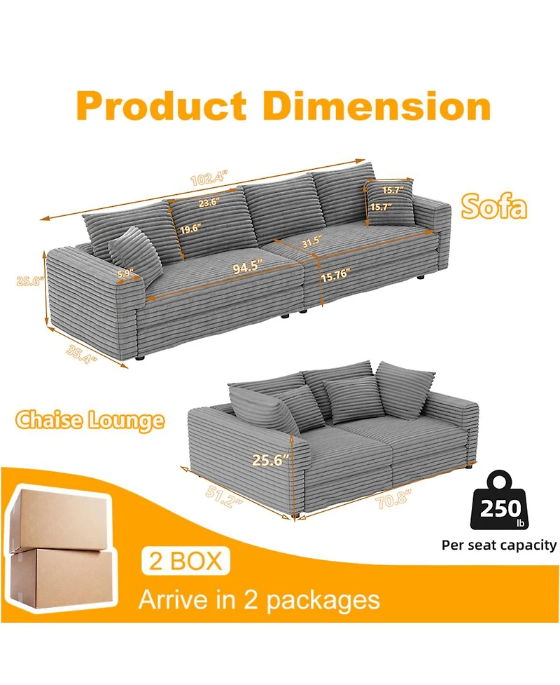 Streamdale Furniture Plush Corduroy 4-Seat Sofa, Modern Comfy Upholstered Cloud Couch