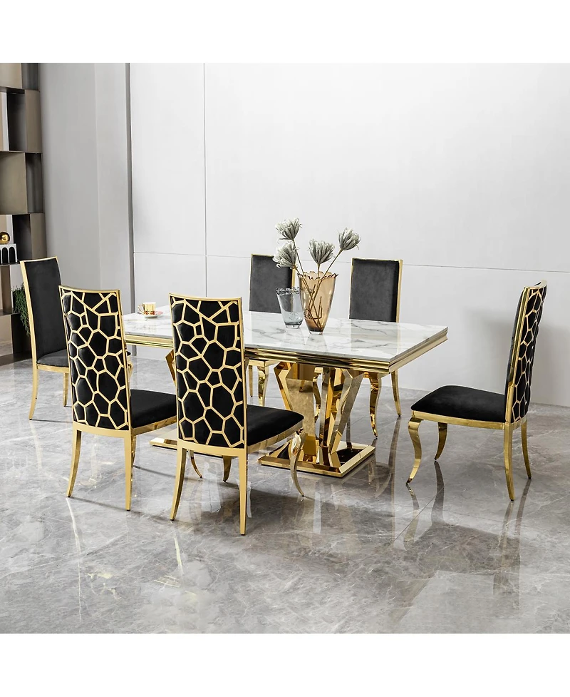 Streamdale Furniture Mdf Marble Top Dining Table for 6, White/Gold 66.9" Stainless Steel Base