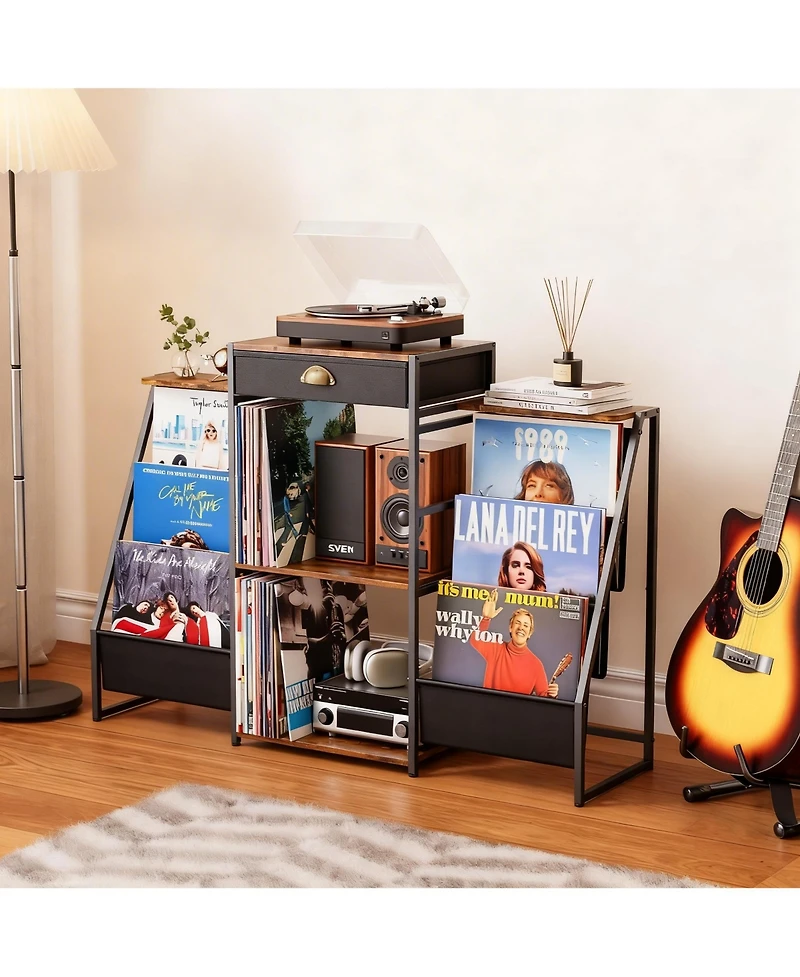 Yigii 6-Bin Vinyl Record Storage with Drawer & Side Shelves for Turntable