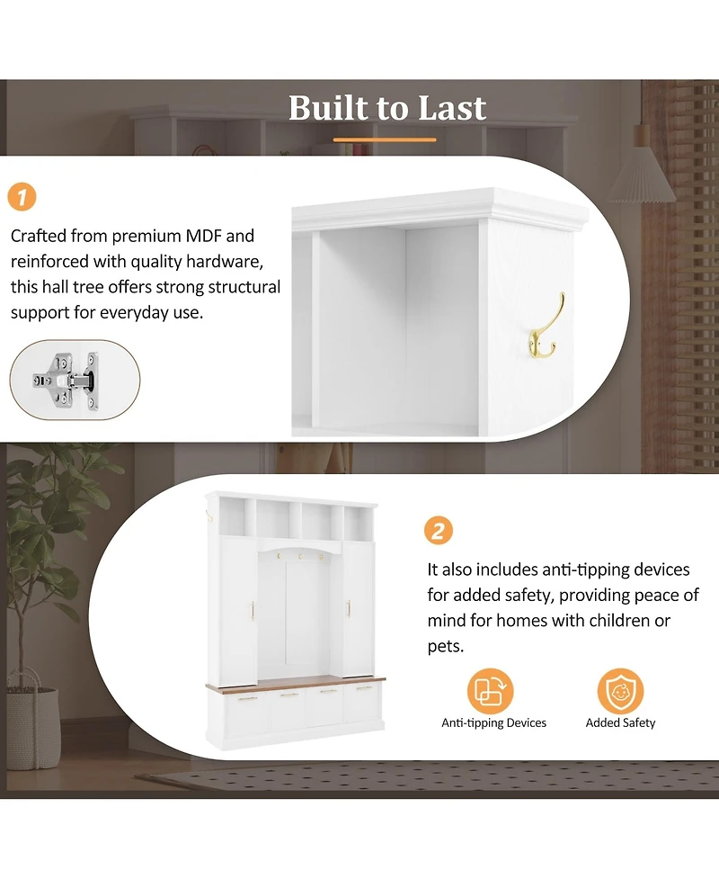 Clihome Wide Hall Tree Bench with Golden Hooks for Living Room