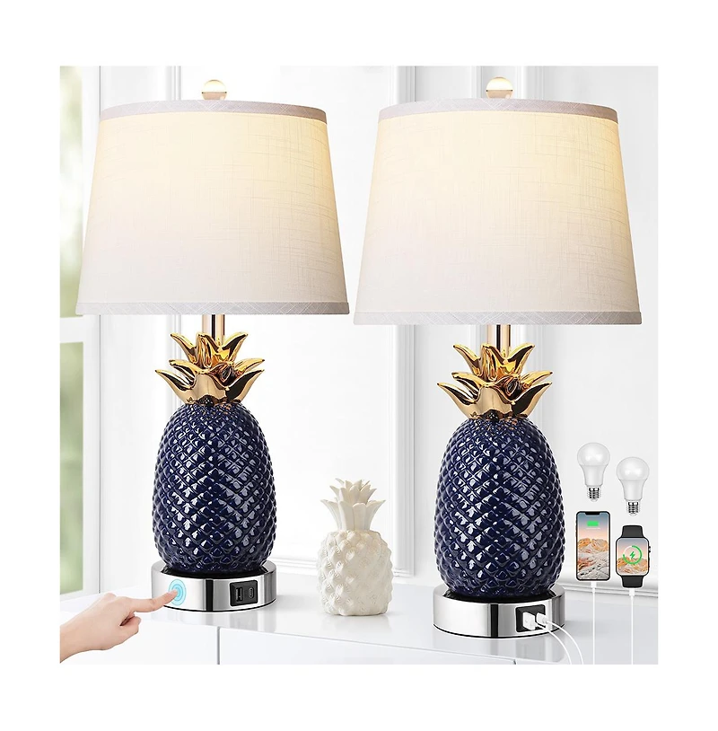 Sofucor 22-inch Pineapple Table Lamps Set of 2, 3 way Dimmable Ceramic Table Lamp for living room, Navy Blue Modern Table Lamp with Usb Port