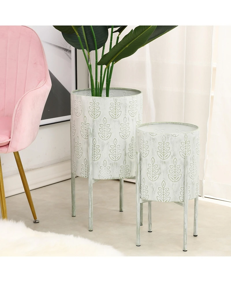 LuxenHome Set of 2 Leaf Embossed Metal Cachepot Planters Stand