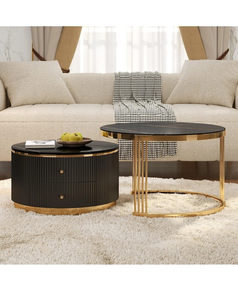 Streamdale Furniture Modern 2 Pieces Round Nesting Coffee Table with Drawers