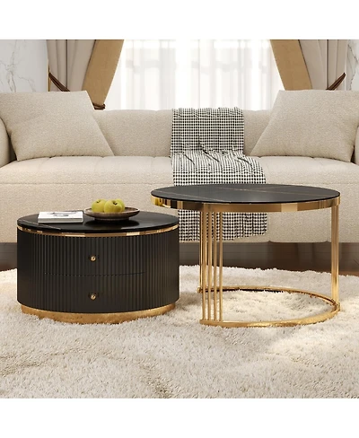 Streamdale Furniture Modern 2 Pieces Round Nesting Coffee Table with Drawers
