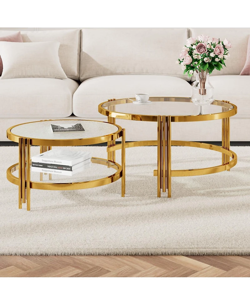 Streamdale Furniture Modern 2-Piece Gold Textured Glass Coffee Table Set