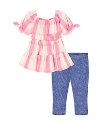 Kids Headquarters Girls' 2T-6X Puff-Sleeve Plaid Tunic Top and Capri Jeggings, 2-Piece Set