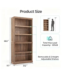 Yigii 5-Tier Adjustable Bookshelf with Rustic Style for Home Decor