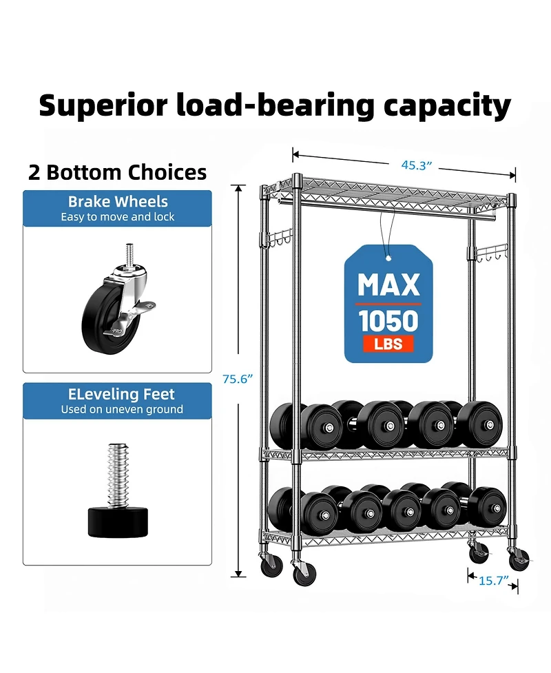 Rainsken Heavy Duty Garment Rack on Wheels, 3 Tiers Adjustable Wire Shelving, Clothes Rack with 1 Rods and Side Hooks for Bedroom and Wardrobe, Chrome