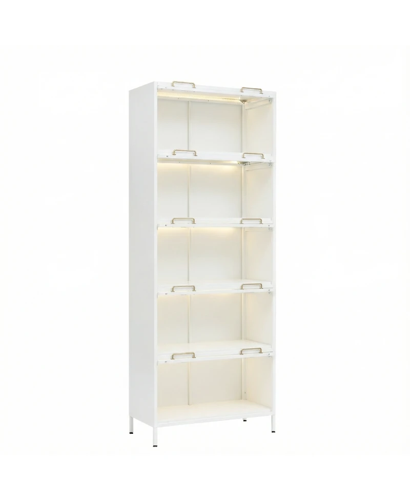 Streamdale Furniture Iron Display Cabinet with Glass Doors, 5-Tier Steel Bookcase with Led Lights