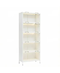 Streamdale Furniture Iron Display Cabinet with Glass Doors, 5-Tier Steel Bookcase with Led Lights